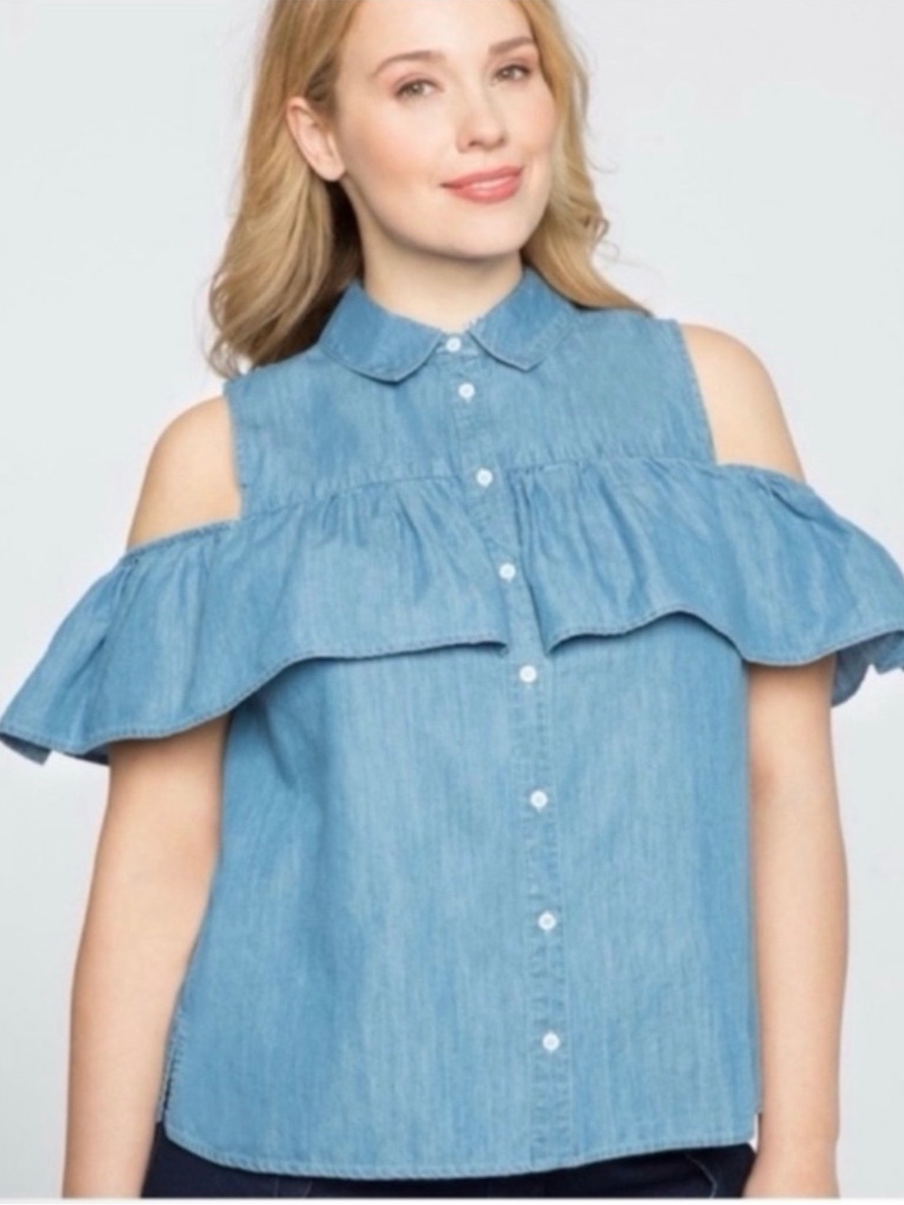 Draper James Size 26 Light Blue Cold-Shoulder Chambray Ruffle Blouse